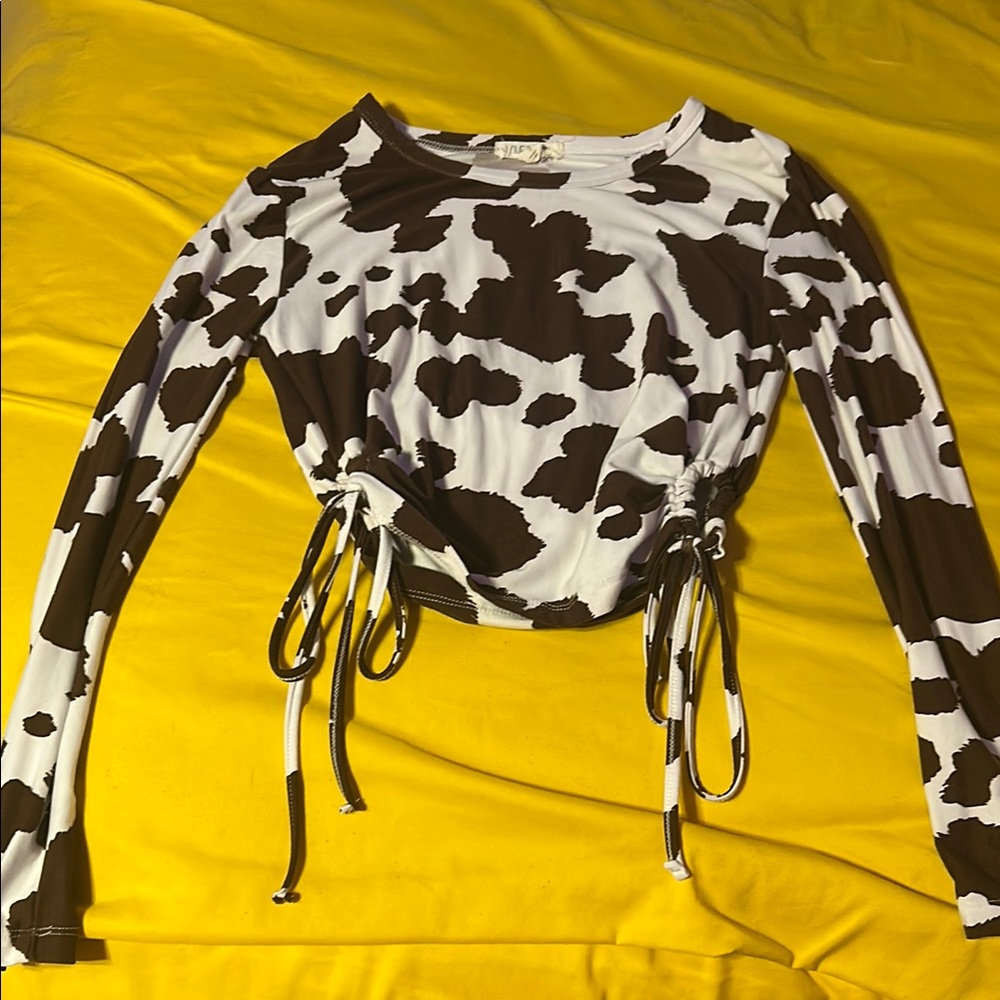 Brown and White Ruched Tie Front Crop Blouse